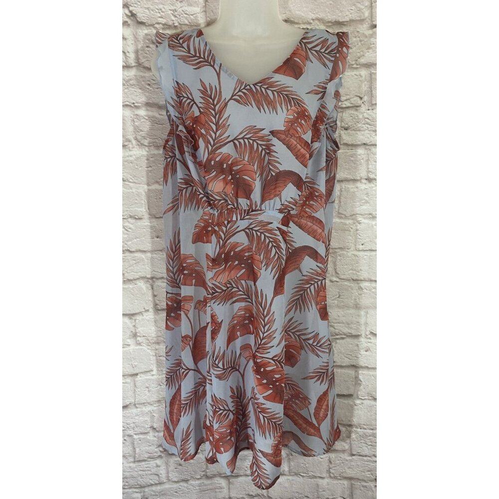 CAbi 5381 Isabel Blue Coral Palm Leaf Print Ruffle Summer Dress M Tropical Beach